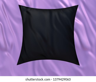 Blank Black Soft Square Satin Pillow On Purple Bedsheet, Mockup For Your Design, 3D Render