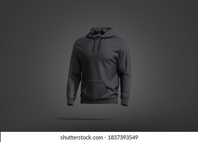 Blank Black Sport Hoodie With Hood Mockup, Dark Background, 3d Rendering. Empty Casual Loose Overall Clothing With Hood Mock Up, Side View. Clear Men Fabric Sweat-shirt Template.