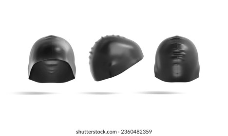 Blank black sport swim cap mockup front, side, back mockup, 3d rendering. Empty sporty rubber hat for pool swimming mock up, isolated. Clear skin-tight lycra headgear for water competition template. - Powered by Shutterstock