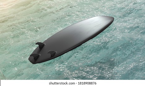 Blank Black Surfboard With Fins On Water Surface Mock Up, 3d Rendering. Empty Surfing Longboard On Deep Mockup, Back Side View. Clear Deck Bottom With Fins For Training Template.