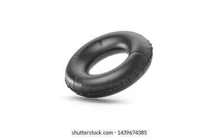 Blank black swim ring no gravity mockup isolated, 3d rendering. Clear dark circle mock up for relaxing on cruise. Empty summer inflatable lifebuoy. Clean round swimming donut for pool template.