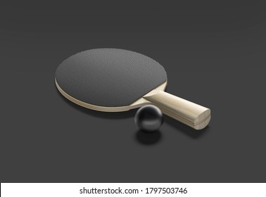 Blank Black Table Tennis Racket With Ball Mockup, Dark Background, 3d Rendering. Empty Wood Ping-pong Paddle Mock Up, Side View. Clear Tabletennis Rocket For Game Template.