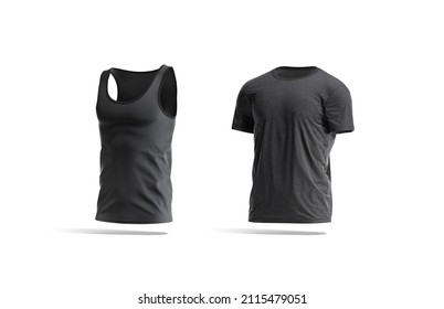 Blank Black Tank Top And Wrinkled T-shirt Mockup, Side View, 3d Rendering. Empty Under Vest Tshirt Garment For Sportswear Mock Up, Isolated. Clear Casual Cloth Undershirt Template.