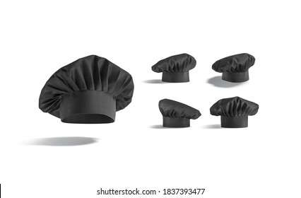 Blank Black Toque Chef Hat Mockup, Different Views, 3d Rendering. Empty Mortarboard Culinary Cap Mock Up, Isolated. Clear Master Cooker Traditional Headdress With Brim Template.