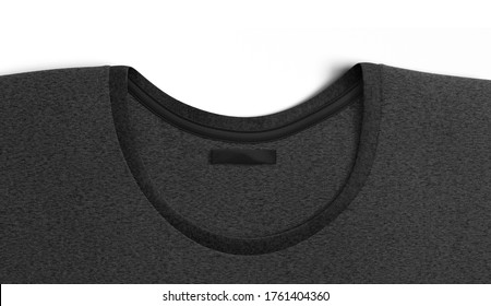 Blank Black T-shirt Collar With Narrow Rectangular Label Mock Up, 3d Rendering. Emtpy Clothes Docket On Collar For Logo Mockup, Top View. Clear Tshirt Sign Display For Symbol Mokcup Template.