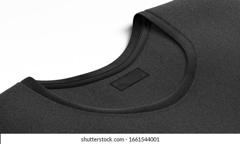 Blank Black T-shirt Collar With Rectangular Label Mock Up, 3d Rendering. Empty Casual T Shirt With Brand Docket Mockup, Side View. Clearfashion Clothe With Stamp Or Tally For Logo Mokcup Template.