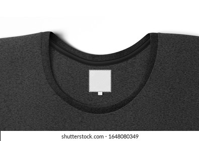 Blank Black T-shirt Collar With White Square Label Mockup, 3d Rendering. Empty Quadrate Tag On T Shirt Neckline Mock Up. Clear Cotton Clothing With Tally For Identity Logotype Mokcup Template.