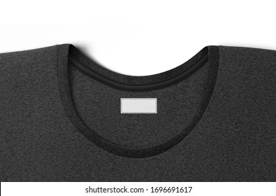 Blank Black T-shirt Collar With White Rectangular Label Mock Up, 3d Rendering. Empty Casual Tee-shirt With Identity Mark Mockup, Top View. Clear Brand Clothing With Docket Mokcup Template.