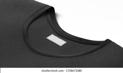 Blank Black T-shirt Collar With White Rectangular Label Mockup, 3d Rendering. Empty Shirt Docket Display Mock Up, Side View. Clear Fabtic Stamp On Clothing For Logotype On Mokcup Template.