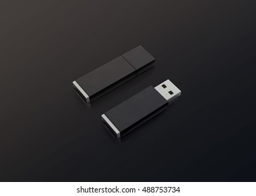 Blank Black Usb Drive Design Mockup, 3d Rendering, Opened And Closed, Clipping Path. Clear Plastic Flash Disk Template. Plain Memory Device Mock Up. Dark Pen Drive Branding Presentation. Micro Card.