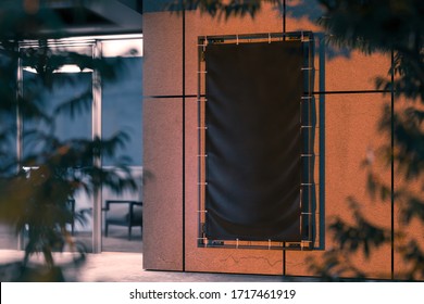 Blank Black Vertical Outdoor Vinyl Textile Banner At Modern Business Center Wall. 3d Rendering