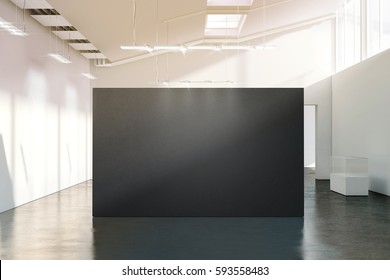 Blank Black Wall Mockup In Sunny Modern Empty Gallery, 3d Rendering. Dark Big Stand Mock Up In Museum With Contemporary Art Exhibitions. Large Hall Interior With Wide Grey Banner Exposition Template.