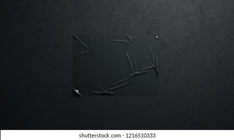 Blank black wheatpaste adhesive horizontal poster mockup on dark textured wall, 3d rendering. Empty wall mounted placard mock up. Clear crumpled canvas for advertising. Street paper display template.