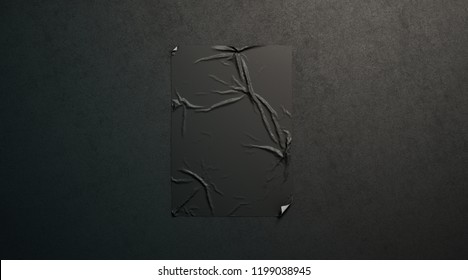Blank black wheatpaste adhesive poster mockup on dark textured wall, 3d rendering. Empty paper sticker placard mock up. Clear street art glued canvas template. Grunge banner for affiche or propaganda.