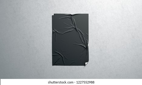 Blank Black Wheatpaste Adhesive Poster Mockup On Textured Wall, 3d Rendering. Empty Glue Urban Sheet Mock Up. Wall Mounted Canvas For Cinema Affiche. Grunge Placard For Branding.