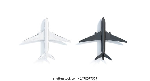 Blank black and white airplane mockup stand, top view isolated, 3d rendering. Empty commercial transport aviation mock up. Clear charter airline for business company template.