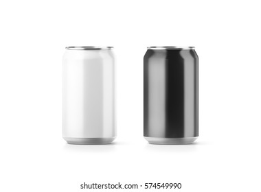 Blank Black And White Aluminium Soda Can Mockup, 3d Rendering. Empty Beer Tin Packing Mock Ups Set, Isolated. Canned Drink Jar Packaging Design Template. Plain Fizzy Pop Bank Package Branding.