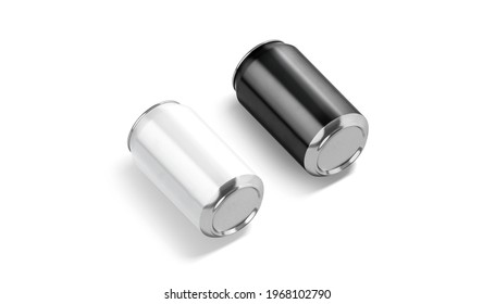 Blank Black And White Aluminum 330 Ml Soda Can Mockup, Isolated, 3d Rendering. Empty Canned Jar Bottom With Water Or Tonic Mock Up, Side View. Clear Fizzy Pop Liquid Pack Template.