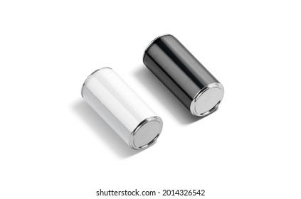 Blank Black And White Aluminum Narrow 280 Ml Soda Can Mockup, 3d Rendering. Empty Lemonade Or Beer Pot Mock Up Lying, Side View, Isolated. Clear Fizzy Pop Refreshment Drink Template.