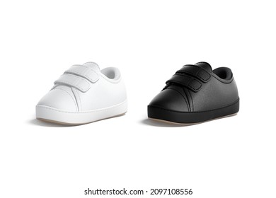 Blank Black And White Baby Shoes Mockup, Half-turned View, 3d Rendering. Empty Slip-on Kid Boots With Lace Mock Up, Isolated. Clear Sporty Sneakers For First Childhood Clothing Template.