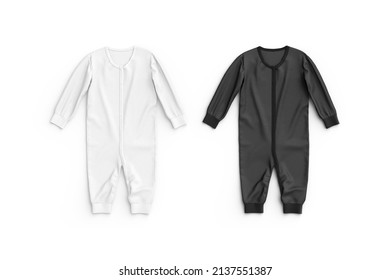 Blank Black And White Baby Zip-up Sleepsuit Mockup Lying, Isolated, 3d Rendering. Empty New Born Fabric Sleepwear Mock Up, Top View. Clear Little Onesie Or Pajamas With Zipper Template.