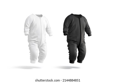 Blank Black And White Baby Zip-up Sleepsuit Mockup, Side View, 3d Rendering. Empty Cotton Sleepsuit Or Pajamas For Child Mock Up, Isolated. Clear Little Sliders Or Onesie With Zipper Template.