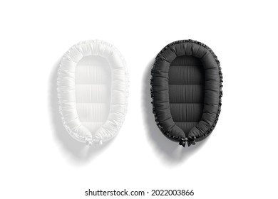 Blank Black And White Babynest Lounger Mock Up, Top View, 3d Rendering. Empty Portable Fabric Basket Or Baby-dock Mockup, Isolated. Clear Mini Cocoon Or Sleep Bassinet Template.