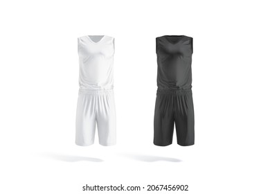 Blank black and white basketball uniform mockup, front view, 3d rendering. Empty sporty jersey clothing for dribbling mock up, isolated. Clear breathable play-suit for team template.