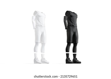 Blank black and white basketball uniform mockup, side view, 3d rendering. Empty professional costume with tank top, shorts and sleevelet mock up, isolated. Clear jersey team play-suit template.