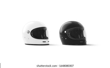 Blank Black And White Bike Helmet Mock Up Set, Half-turned View, 3d Rendering. Empty Skiing Or Snowboard Head Safety Mockup, Isolated. Clear Protection Hard Hat For Speedy Sport Mokcup Template.