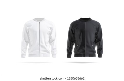 Blank Black And White Bomber Jacket Mock Up, Front View, 3d Rendering. Empty Sport Jacket Or Casual Sweater With Zip Mockup, Isolated. Clear Satin Windcheater With Long Sleeve Template.