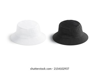 Blank Black And White Bucket Hat Mockup, Front View, 3d Rendering. Empty Fabric Jungle Headgear For Travel Mock Up, Isolated. Clear Canvas Head Wear Or Safari Booney Template.