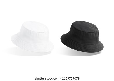 Blank black and white bucket hat mockup, no gravity, 3d rendering. Empty canvas oversized headgear mock up, isolated. Clear fabric panama or sunhat for hunting or safari template.