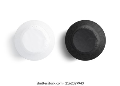 Blank Black And White Bucket Hat Mockup, Top View, 3d Rendering. Empty Round Denim Or Textile Booney For Safari Or Fishing Mock Up, Isolated. Clear Protect Panama Cap For Streetwear Template.