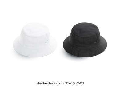 Blank Black And White Bucket Hat Mockup, Back Side View, 3d Rendering. Empty Protect Jungle Cap For Travel Mock Up, Isolated. Clear Fabric Or Denim Booney Headdress Template.