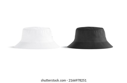 Blank black and white bucket hat mockup, profile view, 3d rendering. Empty brim headdress for fisherman mock up, isolated. Clear protect summer sunhat or panama template. - Shutterstock ID 2166978251
