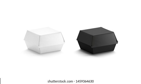 Blank Black And White Burger Box Mockup Set, Side View, 3d Rendering. Empty Disposable Container For Deliver Mock Up, Isolated. Clear Eco Packaging For Cheeseburger Or Nuggets Template.