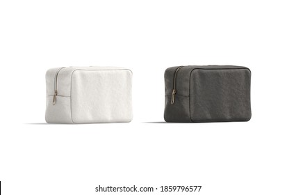 Blank Black And White Canvas Cosmetic Bag Mockup, Half-turned View, 3d Rendering. Empty Cotton Clutch For Toiletry Beauty Mock Up, Isolated. Clear Textile Cosmetology Case Template.