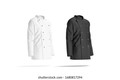 Blank Black And White Chef Jacket Mockup, Side View, 3d Rendering. Empty Kitchener Service Dress For Cooking Protection Mock Up Set, Isolated. Clear Costume Or Coat For Formal Master Mokcup Template.