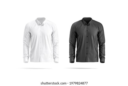 Blank black and white classic shirt mockup set, front view, 3d rendering. Empty neat classy dress code blouse mock up, isolated. Clear elegant apparel with cuff and collar template.