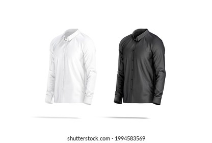 Blank Black And White Classic Shirt Mockup Set, Side View, 3d Rendering. Empty Casual Or Formal Garment For Ceremony Mock Up, Isolated. Clear Spread Blouse Model With Collar Template.