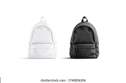 Blank black and white closed backpack with zipper mockup set, isolated, 3d rendering. Empty carry schoolbag or handbag mock up, front view. 