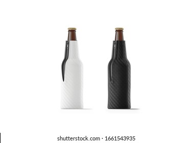 Blank Black And White Collapsible Beer Bottle Koozie Mockup Set, Isolated, 3d Rendering. Empty Ale Or Malt Holder With Zipper Mock Up, Half-turned View. Clear Case Or Sleeve For Drink Botle Template.