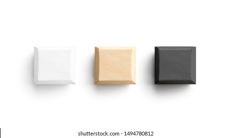 Blank Black, White And Craft Burger Box Mockup Set, 3d Rendering. Empty Square Sandwich Container Mock Up, Top View, Isolated. Clear Carton Packaging For Takeout Food Template.