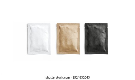Blank black, white and craft paper sachet packet mockup, isolated, 3d rendering. Empty kraft coffee packaging mock up, top view. Clear sealed wrapper for salt or pepper mokcup template.