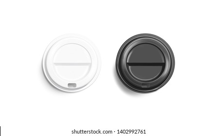 Blank Black And White Disposable Coffee Cup Lid Mockup, Lying Top View, Plastic Cover Mock Up Isolated, 3d Rendering. Empty Coffe Drinking Mug Cardboard Cap Mock-up. Clear Plain Tea Take Away Package.