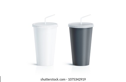 Blank Black And White Disposable Cup With Straw Mock Up Isolated, 3d Rendering. Empty Paper Soda Drinking Mug Mockup With Lid And Tube Front View. Clear Soft Drink Cola Take Away Plastic Package