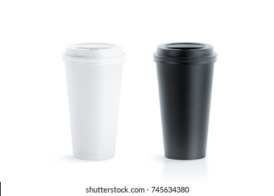 Blank Black And White Disposable Paper Cup With Plastic Lid Mock Up Isolated, 20 Oz, 3d Rendering. Empty Polystyrene Coffee Drinking Mug Mockup Front View. Clear Plain Tea Take Away Package