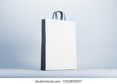 Blank Black And White Eco Paper Bag On Light Surface. Mockup. 3D Rendering