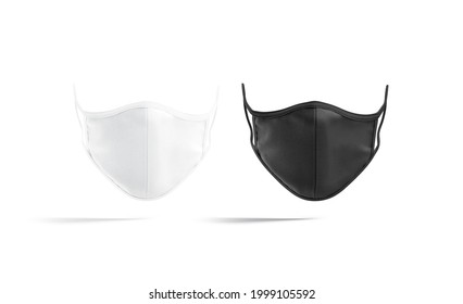 Blank Black And White Fabric Face Mask Mockup, Front View, 3d Rendering. Empty Textile Respiratory For Safety Breathing Mock Up, Isolated. Clear Corona Protective Filter Template.